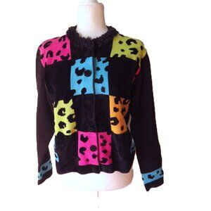 BEREK Cardigan Sweater/ Black with Multi-Color Abstract Leopard Print/ Size MED